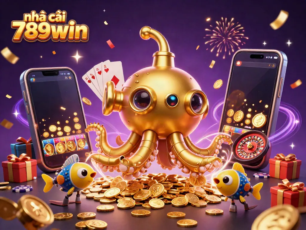 Engage with the vibrant world of nhà cái 789win, featuring a golden kraken submarine and casino elements.