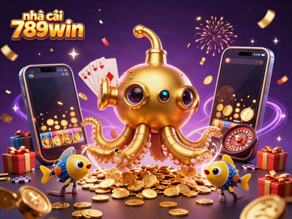 Engage with the vibrant world of nhà cái 789win, featuring a golden kraken submarine and casino elements.