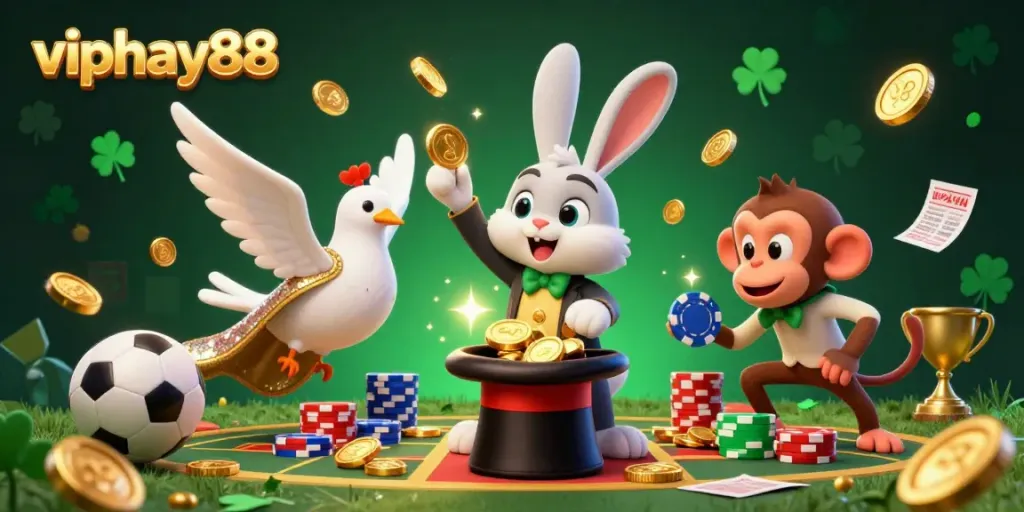 Experience thrilling sports betting with viphay88 as playful characters immerse you in an exciting casino scene.