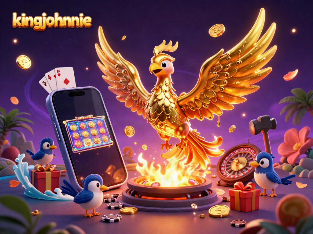 Experience thrilling gaming at kingjohnnie with a dynamic 3D casino scene, including a molten golden phoenix and vivid gaming elements.