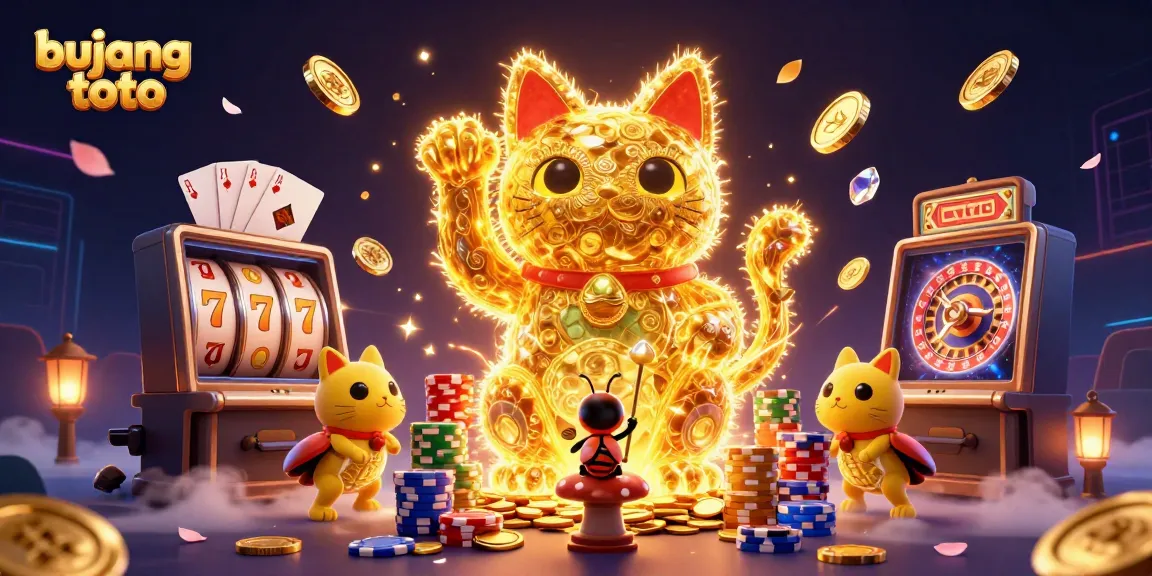 Engage with bujang toto in this dynamic 3D illustration of a golden lucky cat amidst casino symbols.