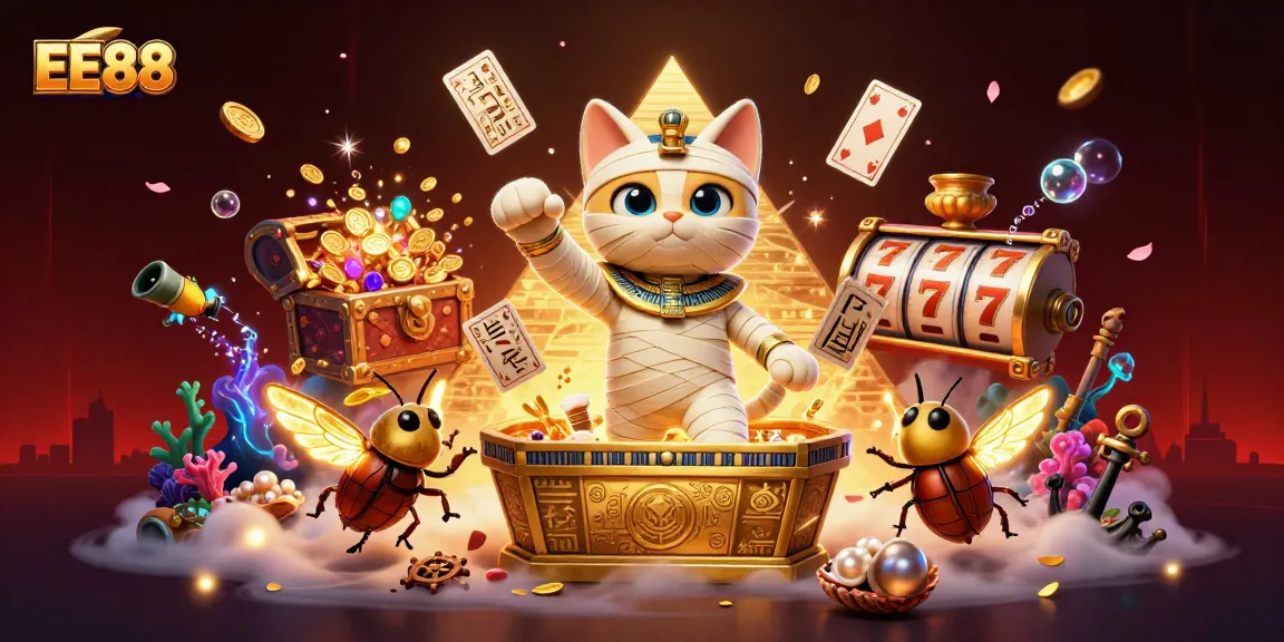 Experience the excitement of EE88 with a cartoon mummy cat and golden treasures in a vibrant casino!