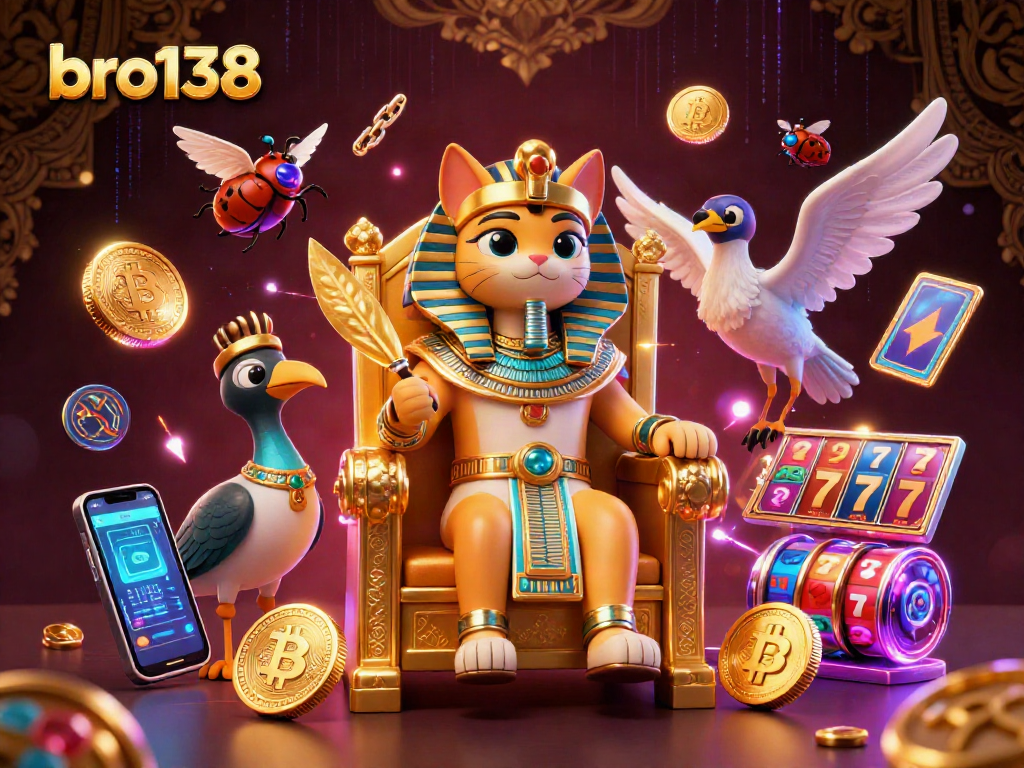 Engage with bro138 at a vibrant casino scene featuring a fun Egyptian theme with crypto elements.