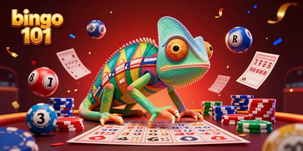 Experience fun and excitement playing bingo 101 with colorful elements and a vibrant chameleon mascot