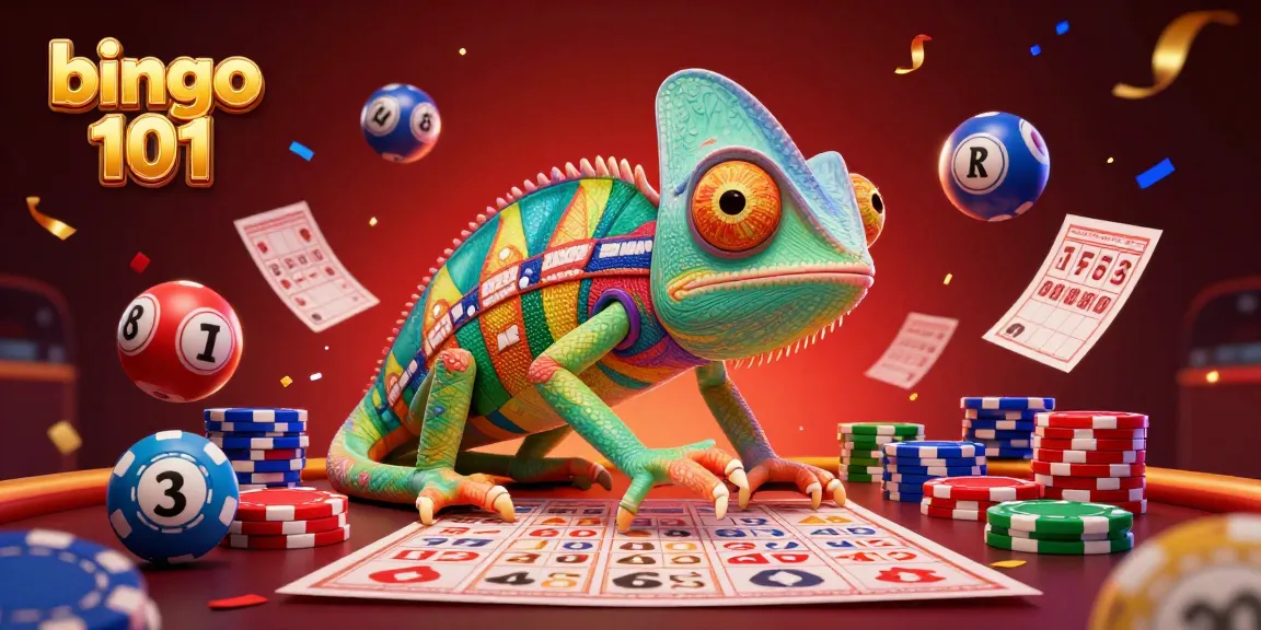 Experience fun and excitement playing bingo 101 with colorful elements and a vibrant chameleon mascot