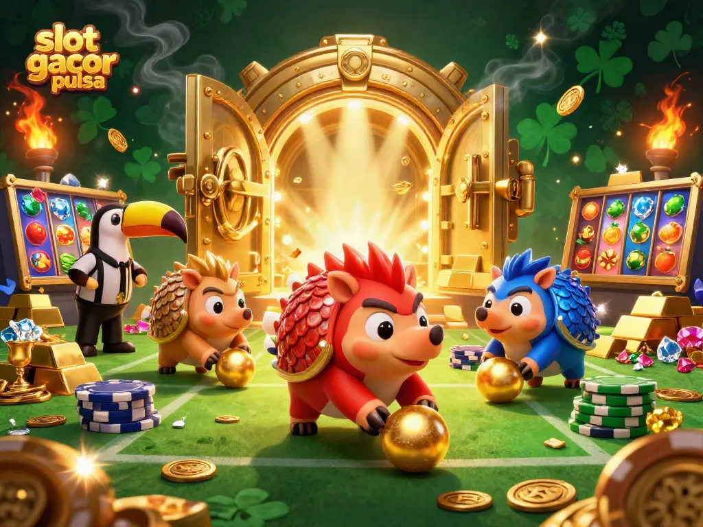 Engage with slot gacor pulsa in an energetic 3D scene featuring lively pangolins and jackpot symbols.