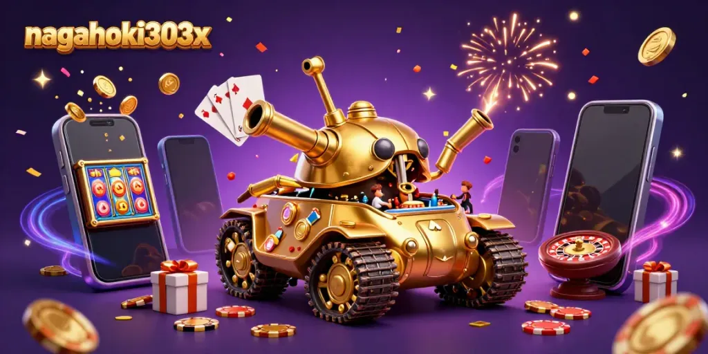 Nagahoki303x menawarkan pengalaman berjudi yang menyenangkan dengan simbol slot di kasino mini dalam tank emas.