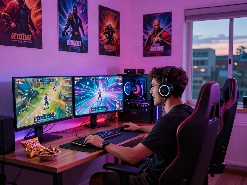 Exciting gaming setup featuring a player engaged in a porn game with vibrant LED lights and dual monitors.
