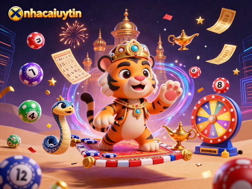 nhacaiuytin enhances excitement with a vibrant casino scene featuring colorful lottery balls