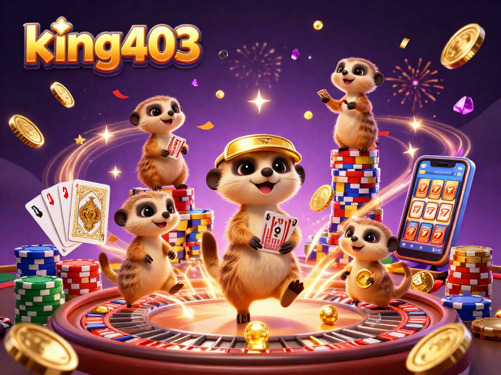 king403 meerkats operating a casino with dynamic elements like cards and chips
