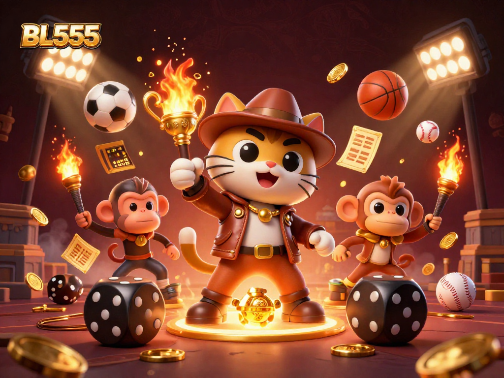 Experience thrilling gaming action at BL555 with a cartoon cat explorer discovering golden casino treasures.