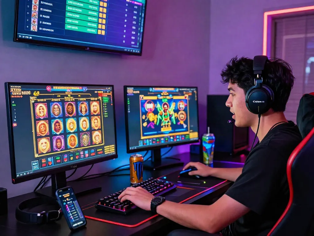 Player enjoying an exciting slot maxwin gaming experience at home, surrounded by vibrant visuals and gaming gear.