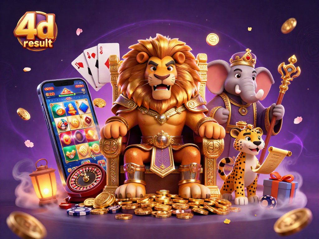 Engage with the thrilling 4d result scene featuring a lion king, elephant advisor, and cheetah messenger.