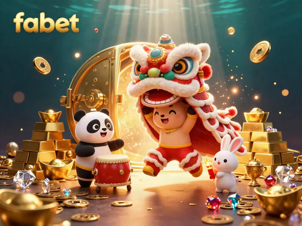 Experience the thrill of fabet with a vibrant 3D illustration of a Chinese lion dance, rich in detail and dynamic casino elements.