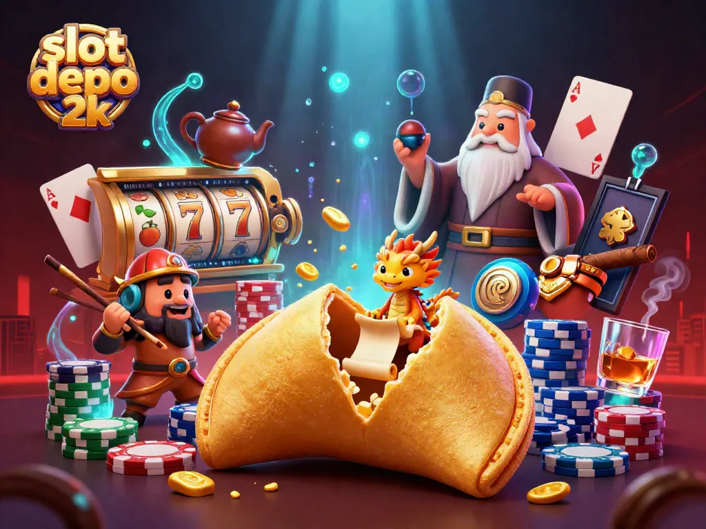 Engage with slot depo 2k showcasing vibrant 3D casino elements with golden fortune cookie and dragon.
