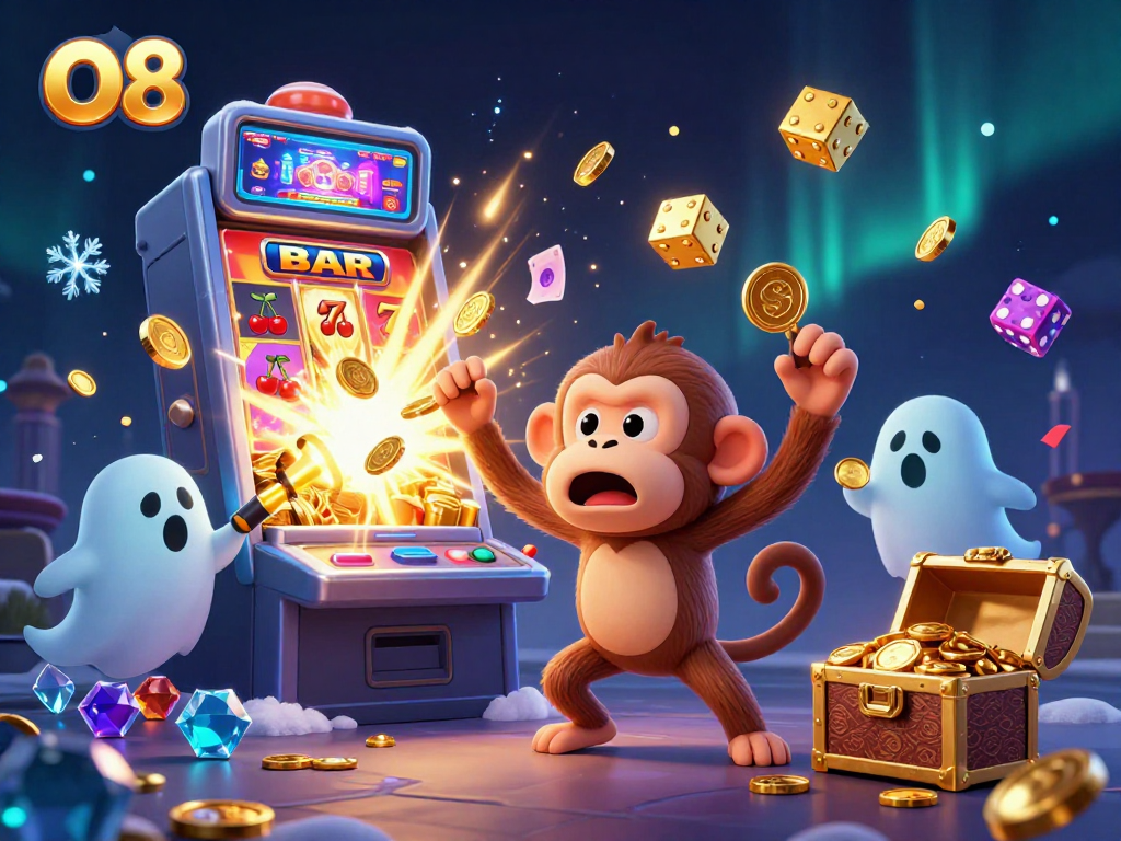 Engaging visuals of the O8 gaming adventure with a poltergeist monkey and treasure-filled casino.