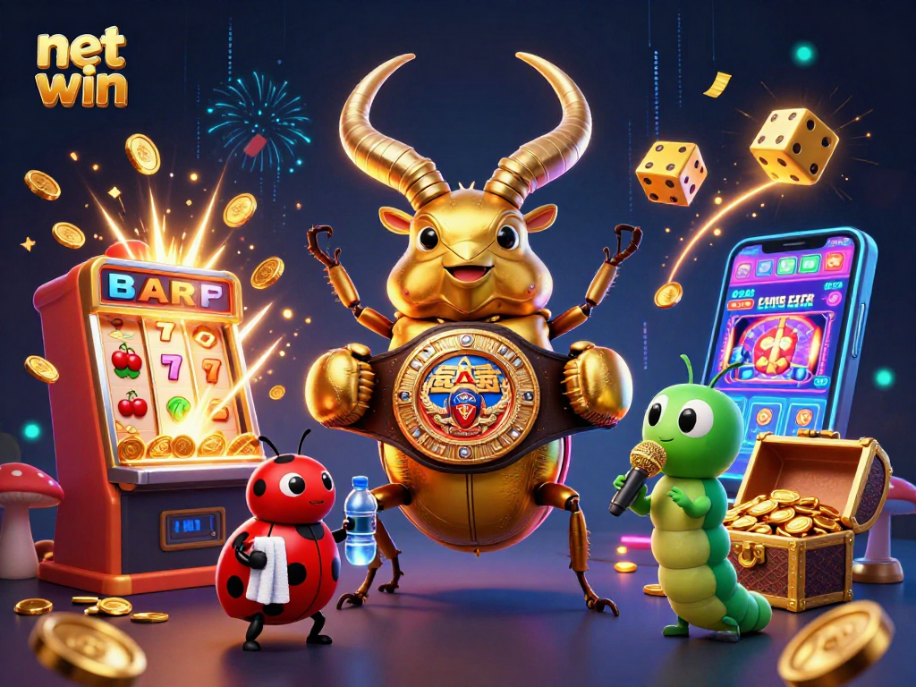 Experience net win excitement with a vibrant casino scene featuring giant cartoon characters and rich gaming elements.