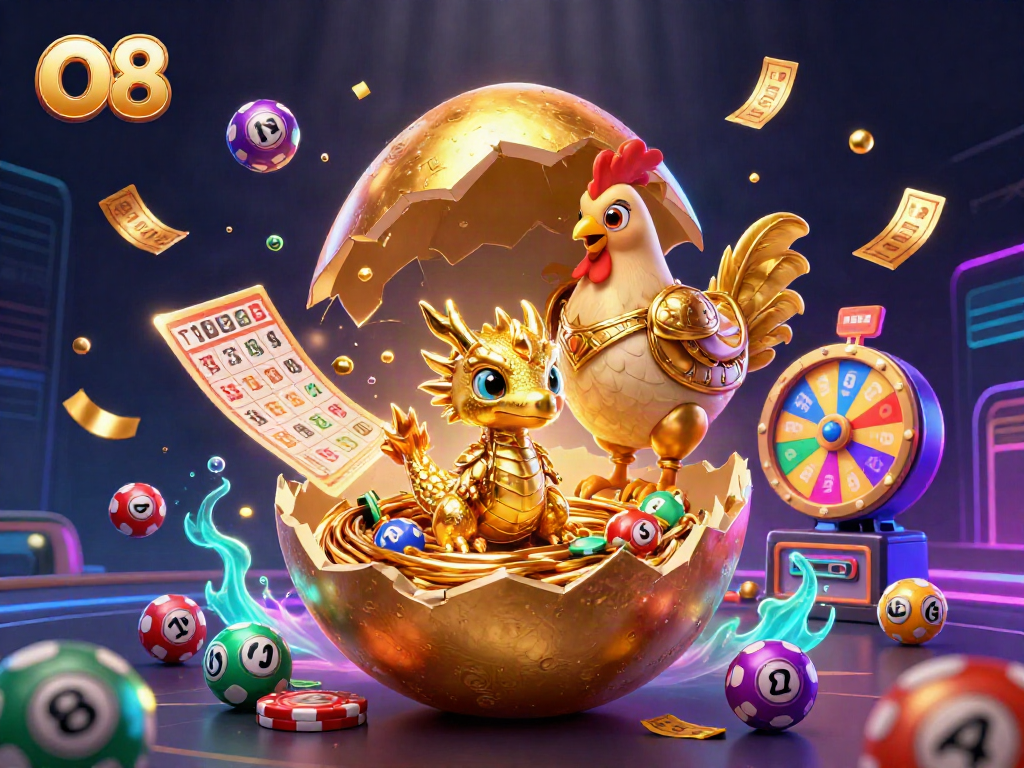 Experience the thrill of O8 as a golden dragon unveils gambling treasures amid lively casino elements.