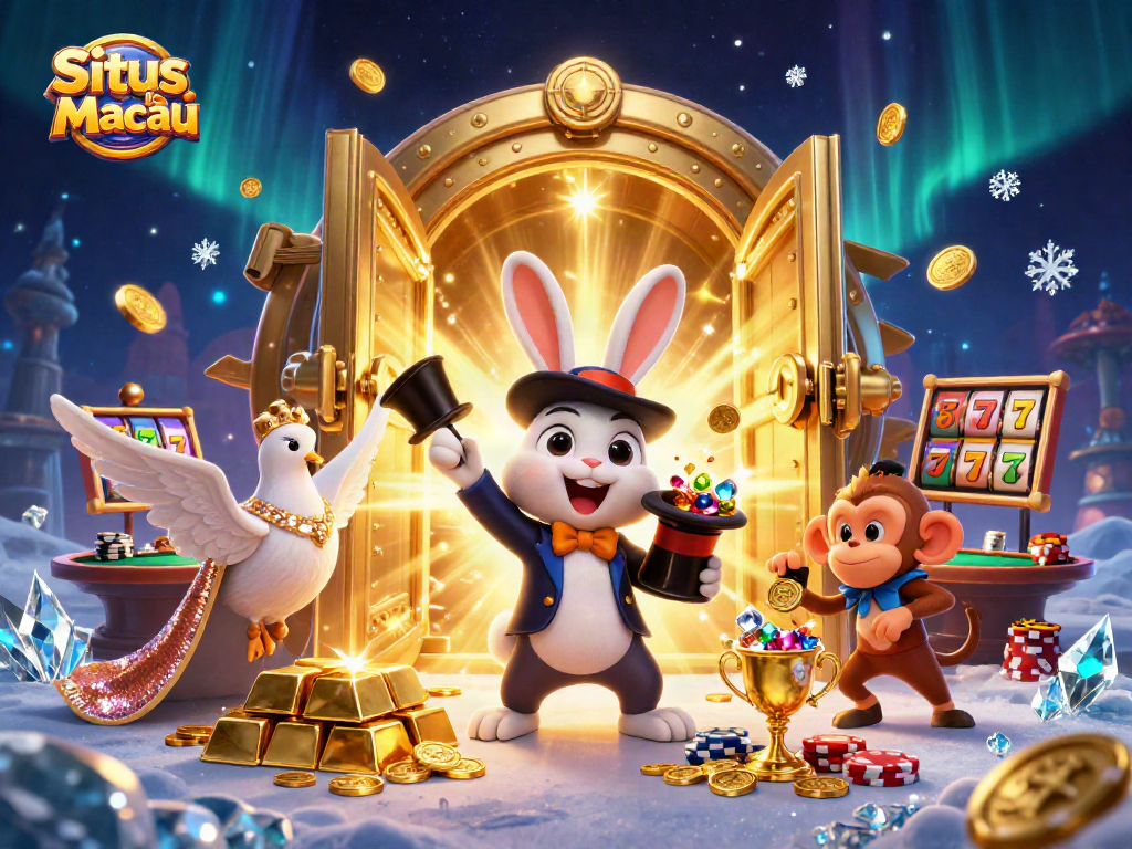 Situs Toto Macau showcases a magical casino scene with a rabbit, dove, and monkey amid dazzling treasures.