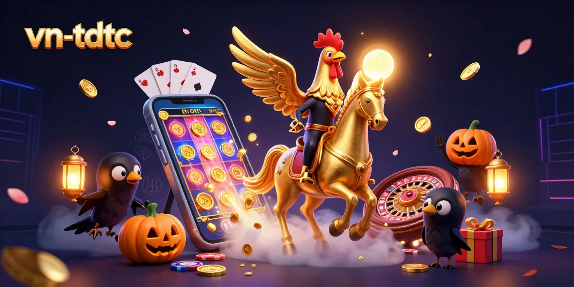 Experience the thrill of vn-tdtc gaming with a golden rooster and mystical elements in a vibrant casino.