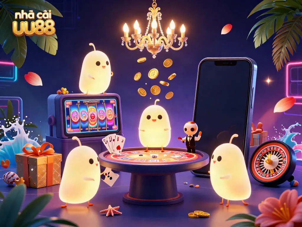 Engage with nhà cái uu88 in a vibrant 3D casino atmosphere filled with animated characters and thrilling slot game action.