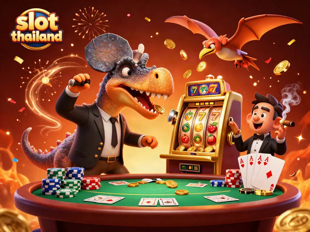 Courageously engaging with the slot machine, a pachycephalosaurus makes a jackpot pay out, representing slot thailand gaming excitement.