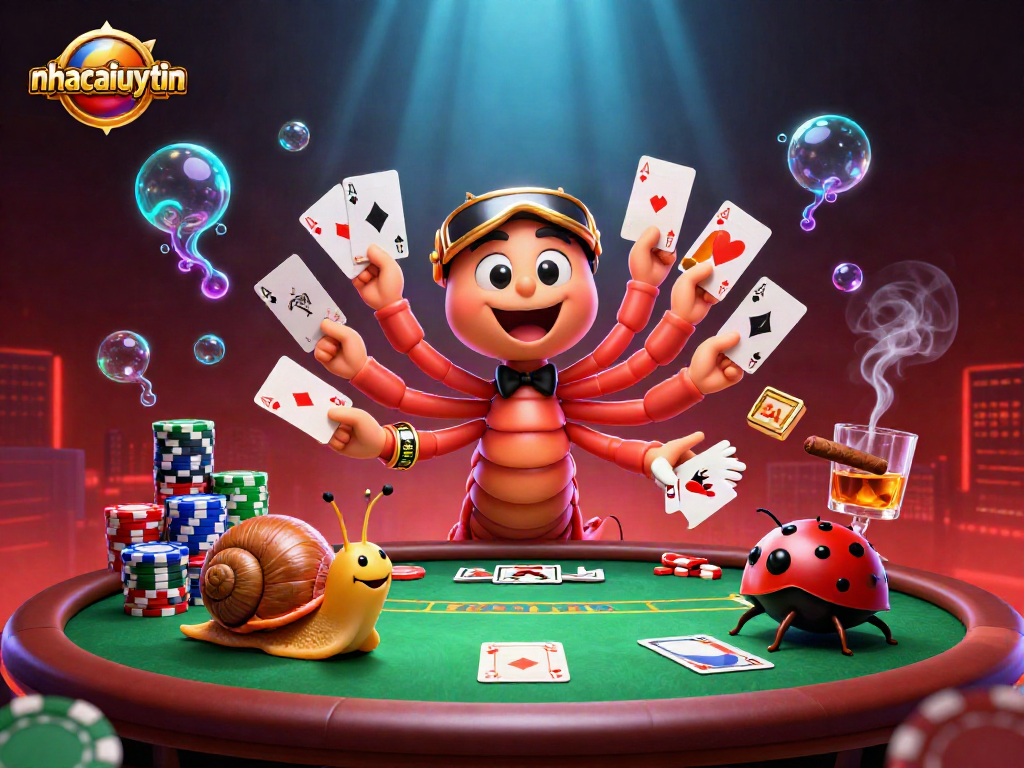 Engage with the vibrant casino scene where nhacaiuytin and a snail high-roller encounter thrilling poker action.