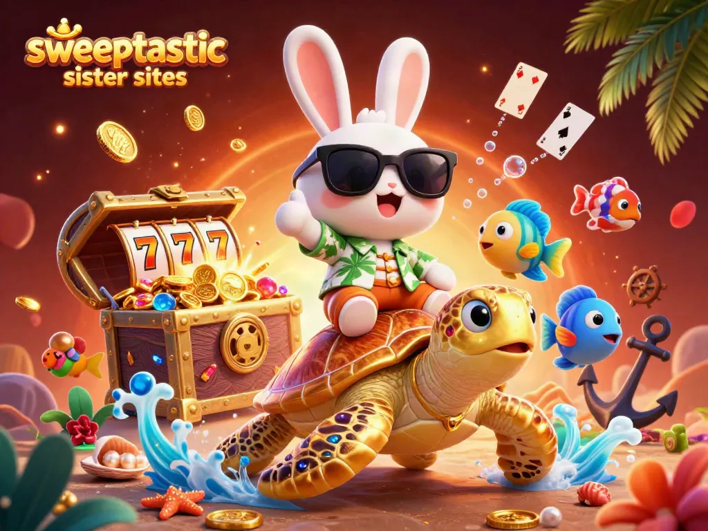 Sweeptastic sister sites showcase a dynamic casino scene with slots, a lucky rabbit, and oceanic treasures.