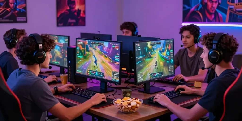 Pemain menang66 sedang bersenang-senang dalam sesi permainan online di ruang gaming yang cerah.