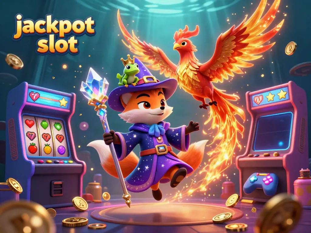 Winning at the jackpot slot with a magic-themed 3D casino illustration featuring a wizard, phoenix, and vibrant gaming elements.