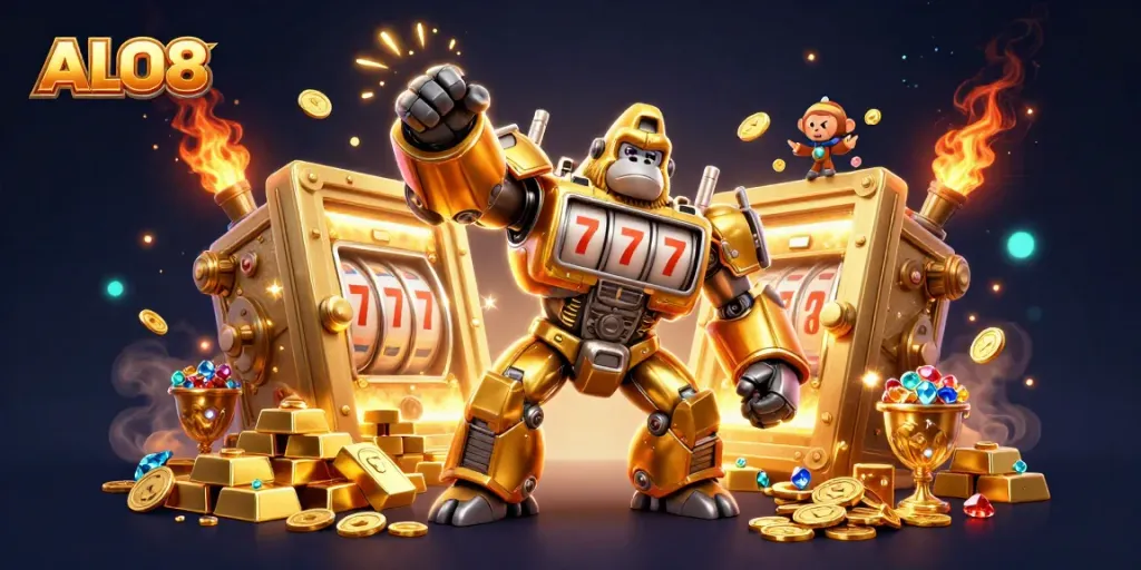 Engage in thrilling gameplay with ALO8, featuring a golden gorilla mech amidst piles of treasure and dazzling gems.