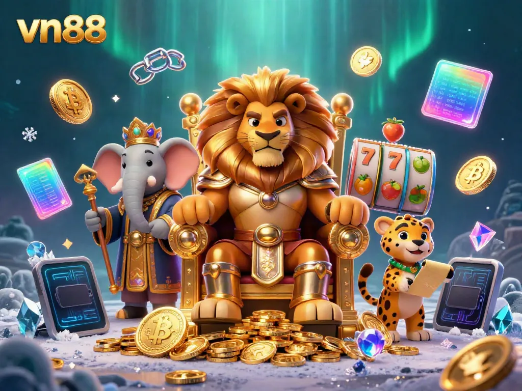 Experience the excitement of vn88 with a dynamic casino scene featuring a lion king and jackpot symbols.