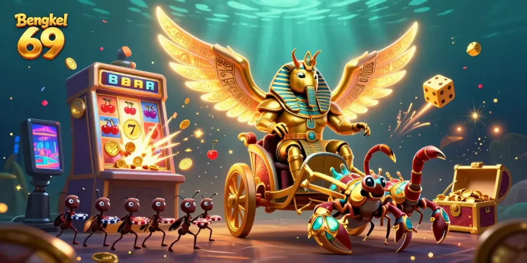 Bengkel 69 offers a thrilling slot experience with a vibrant scene of jackpot excitement, showcasing elaborate gaming elements.
