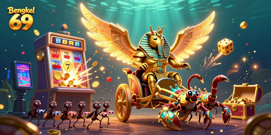 Bengkel 69 offers a thrilling slot experience with a vibrant scene of jackpot excitement, showcasing elaborate gaming elements.