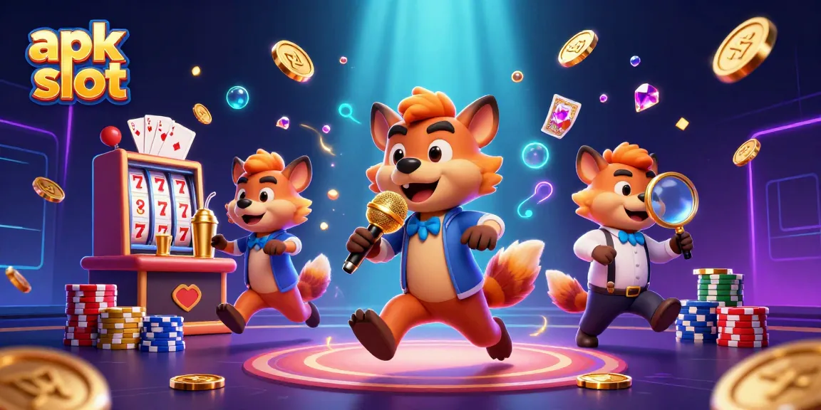 Mainkan apk slot dengan hyena di kasino komedi yang lucu, dikelilingi koin emas dan permainan menarik.