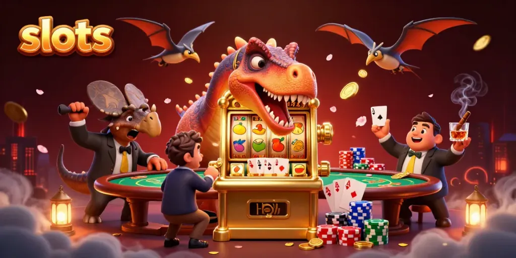 3D illustration of slots featuring dinosaur characters and a golden slot machine overflowing with coins.