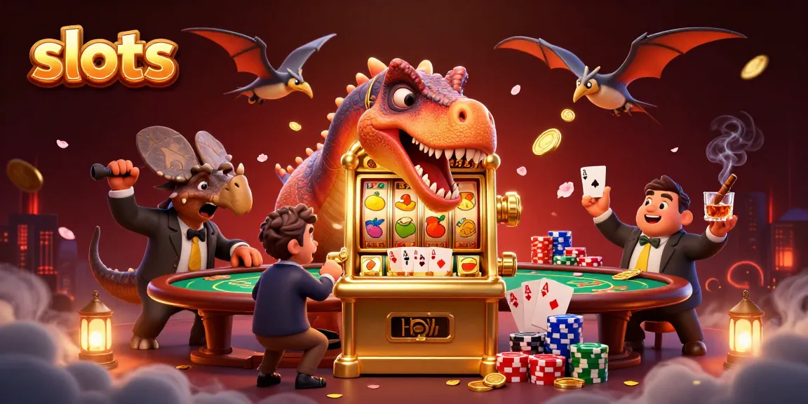 3D illustration of slots featuring dinosaur characters and a golden slot machine overflowing with coins.