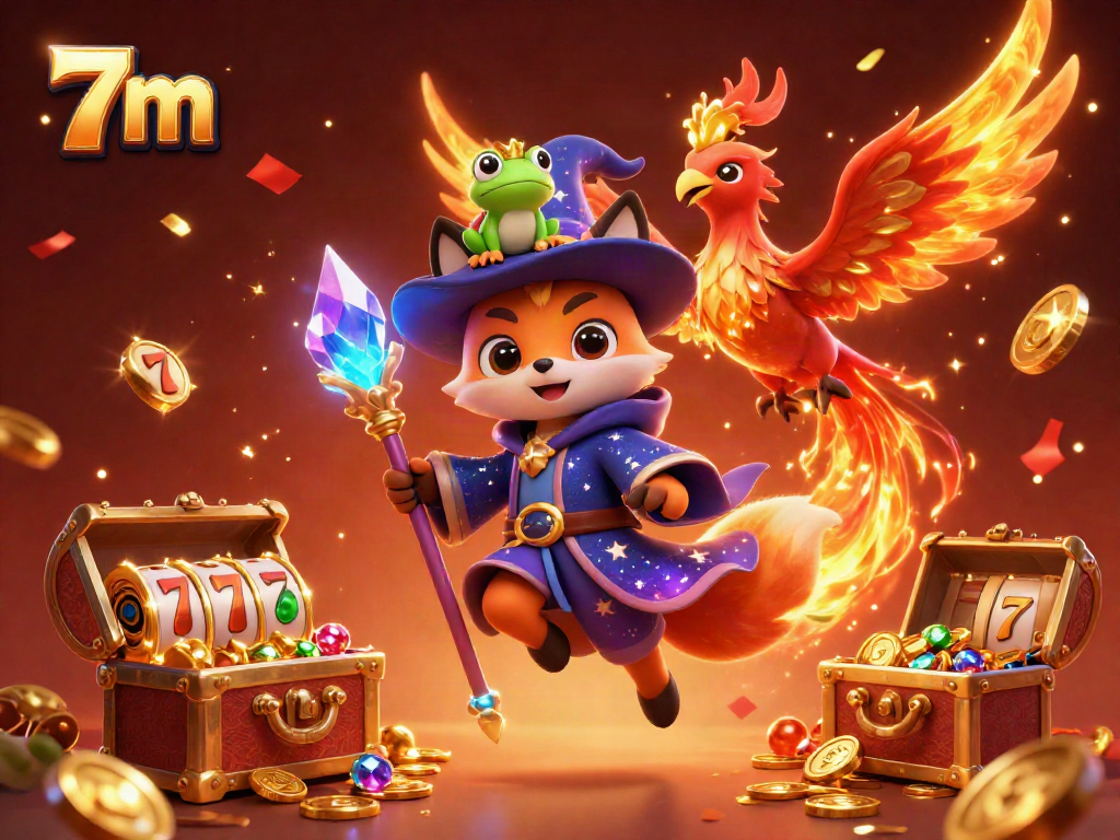 Experience thrilling casino adventures with 7m, featuring a mystical wizard fox and a phoenix amid dazzling slot elements.