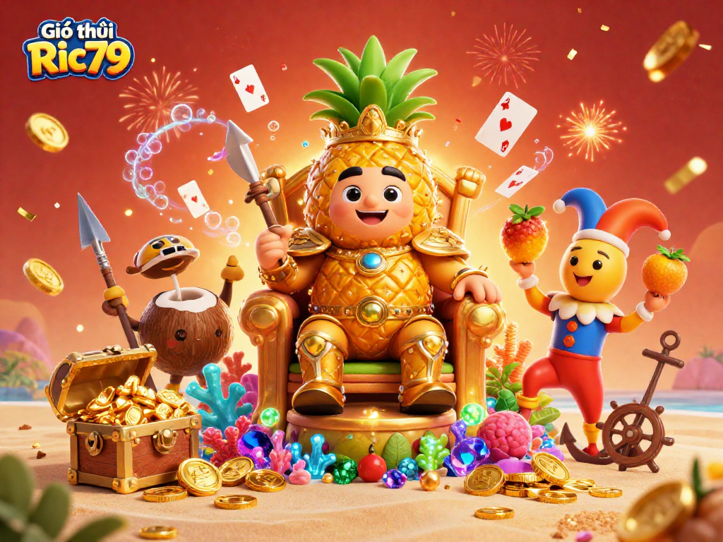 Experience the vibrant beach casino scene with Giới thiệu Ric79 featuring colorful characters and dynamic gaming elements.