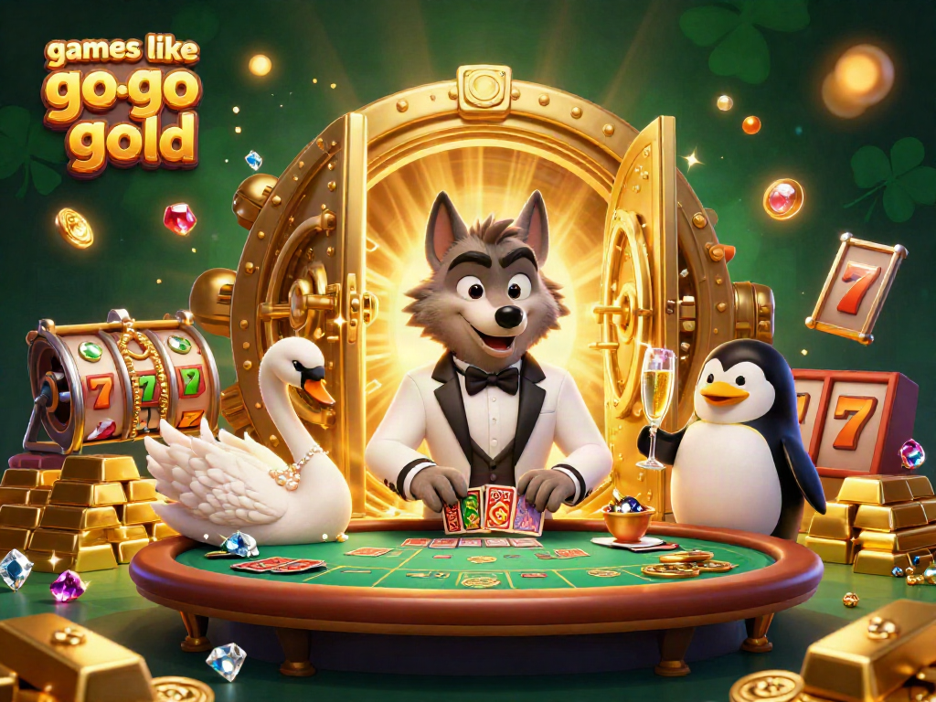 Play slots like Go Go Gold in this dynamic casino illustration with vibrant characters and rich treasures.