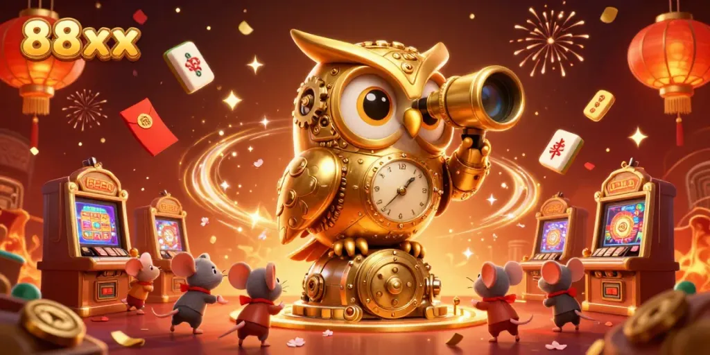 Experience thrilling casino action with the 88xx golden owl overseeing a vibrant gaming scene.