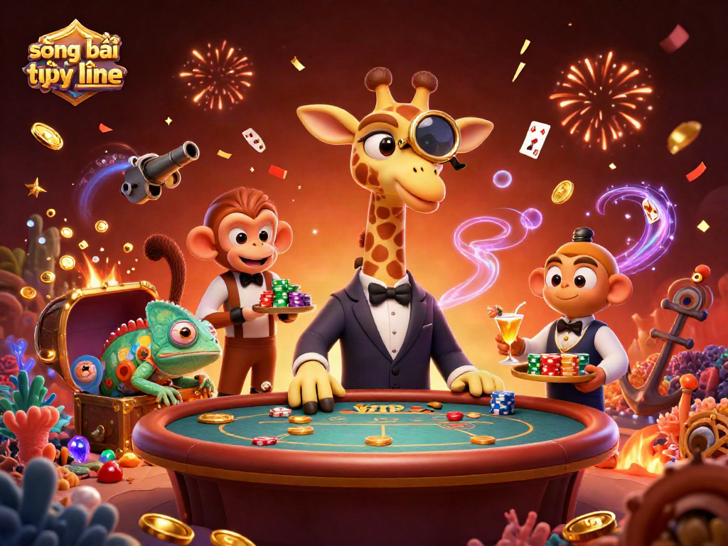 Sòng bài trực tuyến với bối cảnh 3D đầy sôi động, thể hiện những nhân vật thú vị và các biểu tượng cá cược.