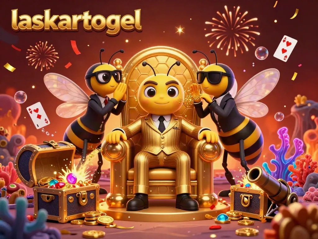 A vibrant scene depicting laskartogel characters celebrating, surrounded by casino-themed elements and treasures.