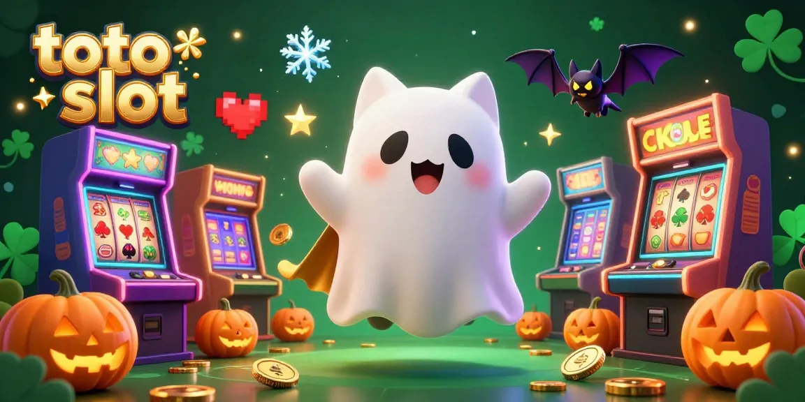 Experience thrilling play at toto slot with a friendly ghost cat and colorful casino elements in a vibrant gaming scene.