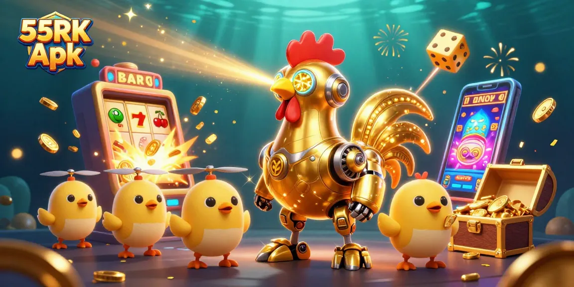 Engage with the 55RK Apk as the golden rooster robot leads baby drones through a jackpot casino adventure.