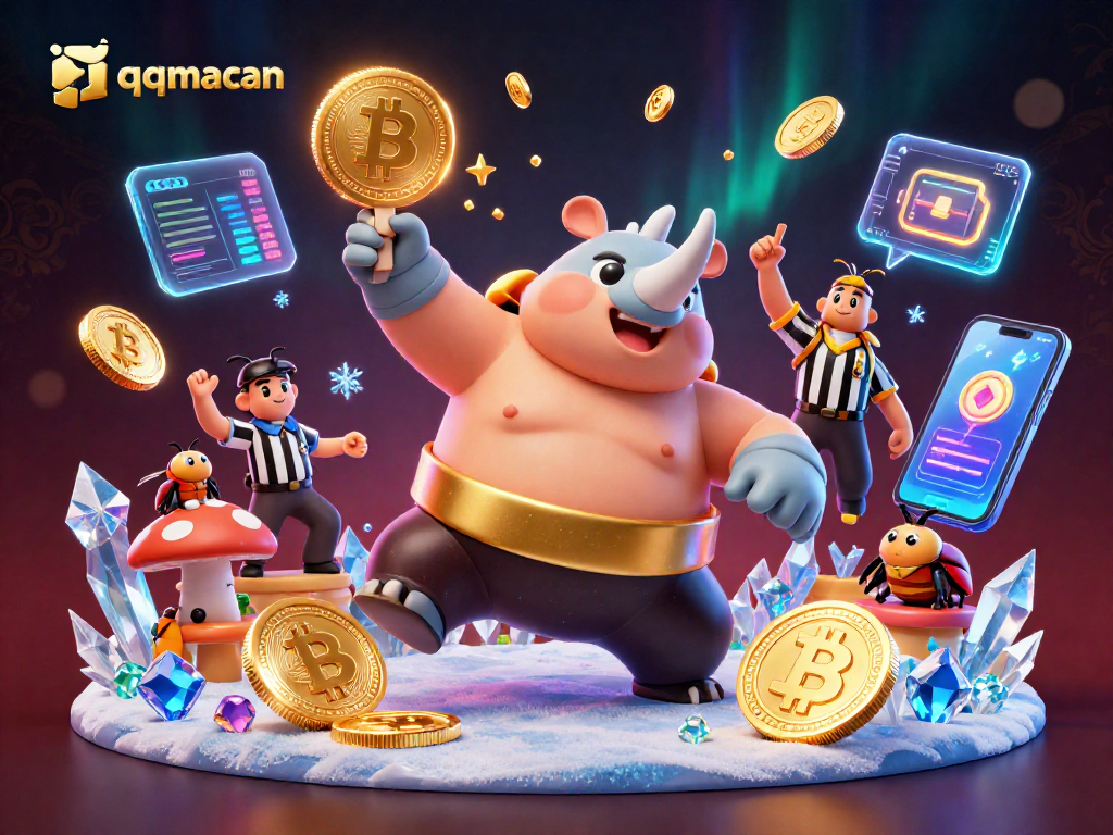 qqmacan brings excitement with a dynamic scene of a beetle sumo champion and cryptocurrency elements.