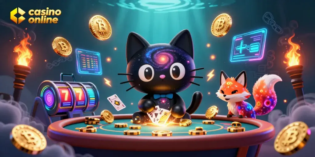 Permainan casino online yang menarik menampilkan kucing lubang hitam dan rubah nebula di meja kasino.