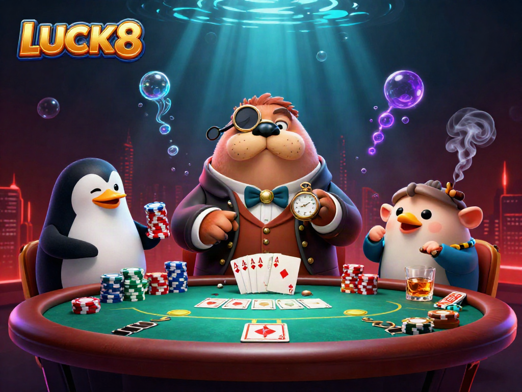 LUCK8 thưởng thức trò chơi poker với những nhân vật vui nhộn tại bàn chơi trong môi trường sống động.