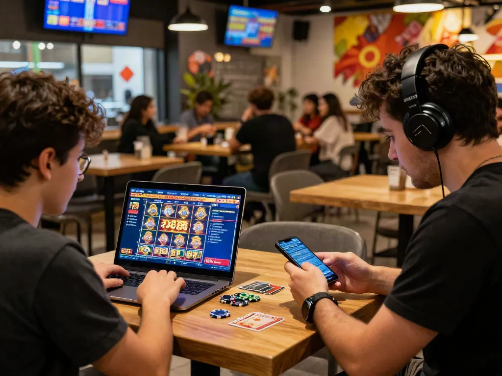 Pengguna royal288 bermain slot di kafe modern, menunjukkan suasana yang hangat dan sosial.