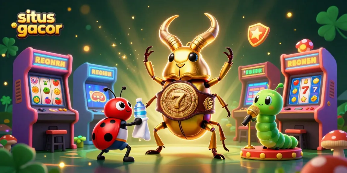 Gambarlah situs slot gacor dengan karakter serangga dan elemen permainan yang energik dan warna-warni.